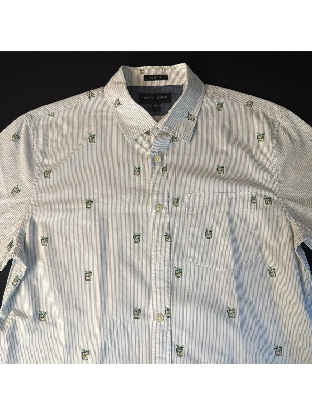Banana Republic Slim Fit Shirt Men’s Medium White Blue Stripe Cocktail Print